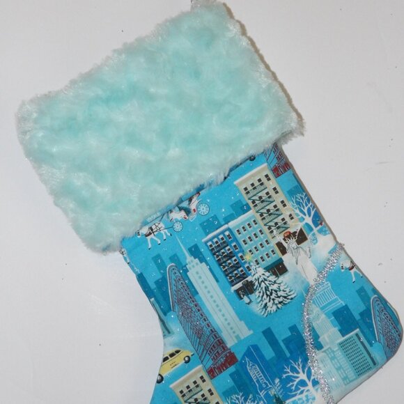 Blue with Yellow Taxi 14" Hand Crafted Christmas Stocking Silver Cord to Hang - Picture 3 of 5